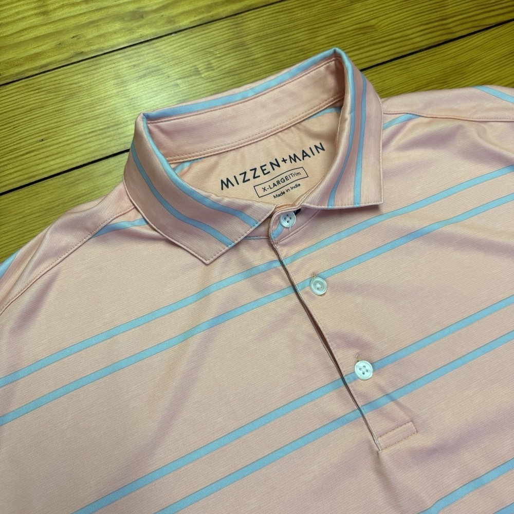 Mizzen + Main Polo Shirt Mens XL Trim Coral Blue Stripe Performance Stretch - Picture 2 of 9